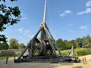 Medieval wooden trebuchet in a historical park