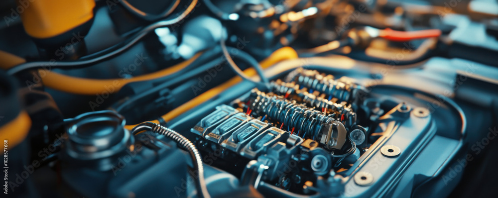 Poster close up view of engines coil packs, showcasing intricate details and components. image highlights t