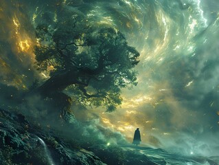 Mystical Forest Landscape with a Figure Under a Starry Sky