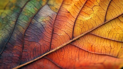 Close-up of a vibrant autumn leaf showcasing intricate textures and colors.