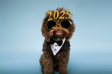 Lovely poodle dog with festive 2025 glasses
