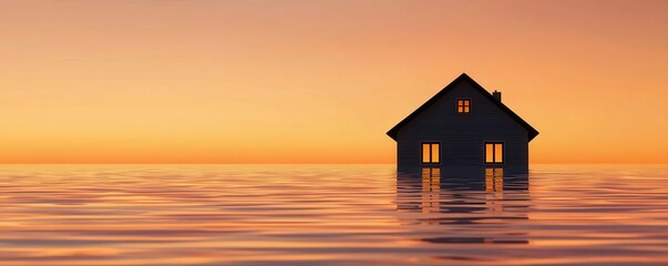House at dusk surrounded by water, reflecting the vibrant orange sky in a serene evening landscape.