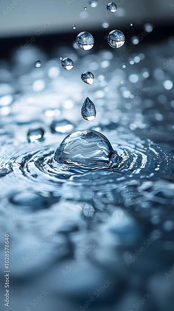 Poster a close-up shot of a water drop impacting the surface, creating a ripple effect and a large, distort