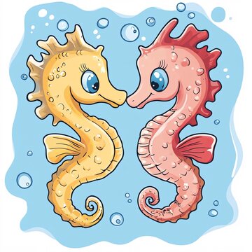 Adorable Cartoon Seahorses in Love Isolated Design