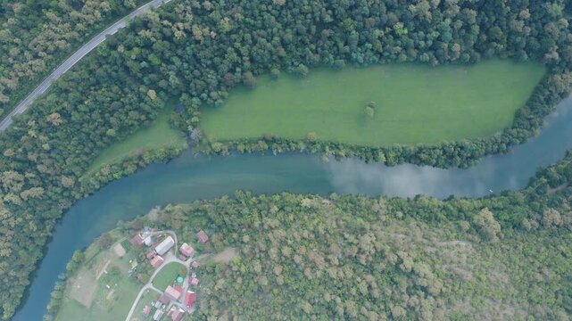 Beautiful nature. Drone footage. The cloud is reflected in the beautiful river.