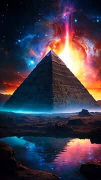 An esoteric pyramid under a starry night sky. Hermetic and ancient wisdom concept.