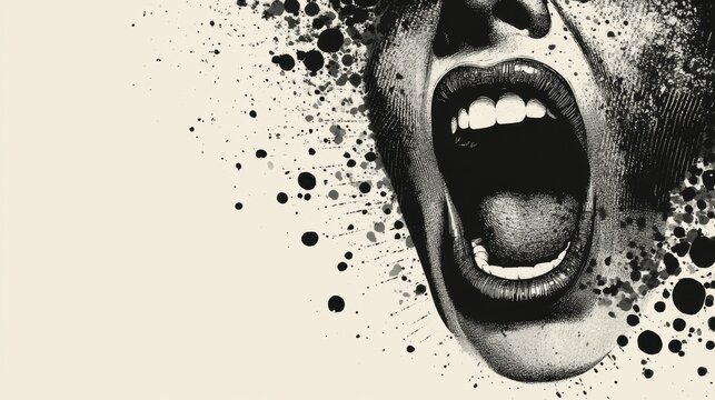 Dynamic halftone collage of a mouth shouting, accompanied by a speech bubble banner template. The design includes plenty of copy space, making it ideal for announcements or promotional materials.