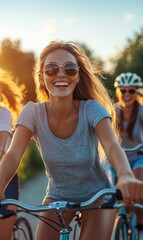 Obraz premium Smiling woman cycling with friend in sunlight.