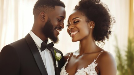 Close-up of a young Black couple as bride and groom, looking at each other and holding hands in a bright room, minimal background focusing on their connection.