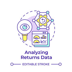 Analyzing returns data multi color concept icon. Reverse logistics stage. Data analysis. Return process. Round shape line illustration. Abstract idea. Graphic design. Easy to use in article