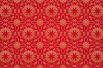 Embossed red background, tribal cover design, banner. Vintage print, geometric unique pattern in stained glass style. Ethnic gold ornaments, mandala, arabesques. Traditions of the East, Asia, India.