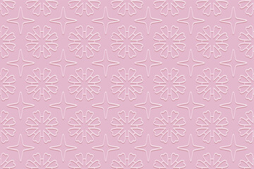 Ethnic pink background, tribal cover design, banner. Vintage print, geometric decorative 3D pattern, embossing. Ornaments, mandala, arabesques of the East, Asia, India, Mexico, Aztec, Peru.