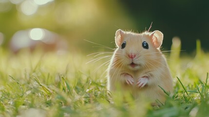 cute hamster with big eyes standing on grass, natural lighting, blurred background,