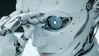 A futuristic silver cyborg adjusting its eye prosthesis while examining digital data, showcasing advancements in technology  