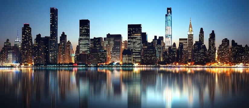 Panoramic view of the vibrant New York skyline at night, showcasing bright lights and skyscrapers reflecting in the water, highlighting the dynamic city life.