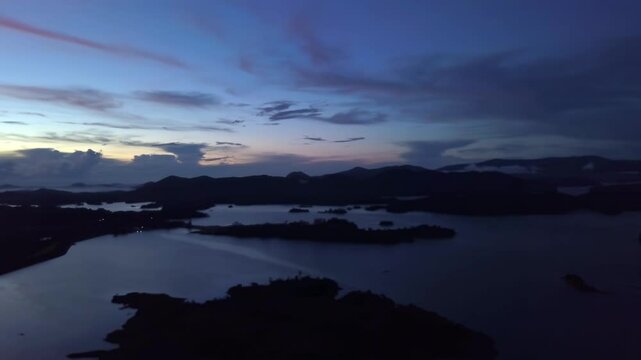 Aerial panorama taken at dawn close to Lake Kenyir in Terengganu, Malaysia.