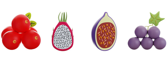 3D icon fruit isolated on the white background. Cranberry, Dragon Fruit, Fig, Grape objects.