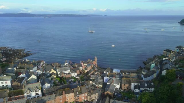 Aerial view over Kingsand and Cawsand twin villages with seafront, on a sunny day in Cornwall, UK
