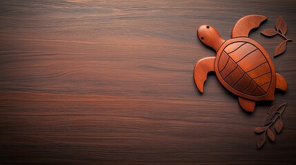 Wooden Turtle and Leaves on Rustic Brown Background