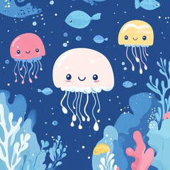 Naklejka premium Cute Jellyfish Floating in Blue Water Background