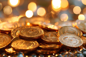 Hanukkah (Jewish holiday). An artistic photo of Hanukkah gelt (chocolate coins) displayed in a decorative arrangement, symbolizing the gift-giving and festivities that are part of the holiday.
