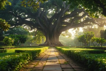 Fototapeta premium Bodhi Day (Buddhist holiday). A peaceful landscape shot of a tranquil garden with a Bodhi tree in the background, symbolizing the tree under which Buddha attained enlightenment.