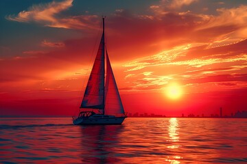 A sailboat sailing in the ocean at sunset