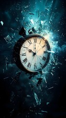 A vintage pocket watch shatters into a thousand pieces, symbolizing the fragility of time.