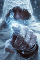 Obraz premium Mysterious figure in a hooded cloak creates swirling ice magic in a snowy landscape