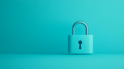 Fototapeta premium Simple Metallic Padlock Centered On A Vibrant Teal Background, Representing Data Security And Access Control. Generative AI