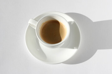Overhead View of Espresso Coffee on White Background. Cafe.