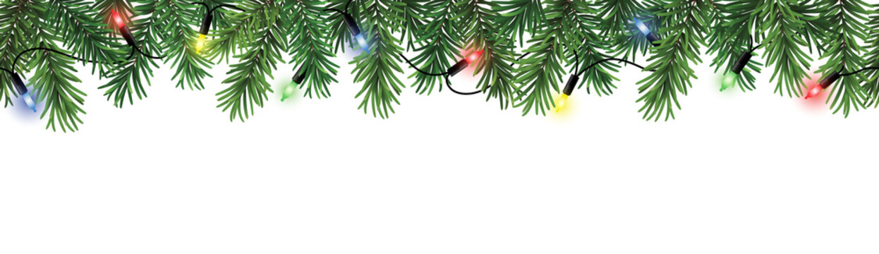 Christmas decoration seamless pattern with branches and colorful christmas lights isolated on transparent background