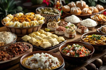 Obraz premium Las Posadas (Mexico). An assortment of traditional Mexican dishes like tamales, pozole, and champurrado laid out on a table for a holiday feast.
