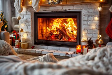 St. Stephen's Day. A cozy, rustic living room scene with a roaring fire in the fireplace, plush blankets, and Christmas decorations still up, capturing a relaxed and peaceful holiday atmosphere.