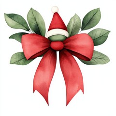 Red Bow with Santa Hat and Green Leaves.