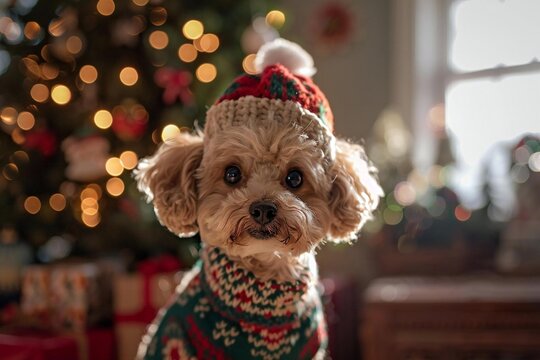 St. Stephen's Day. A pet dressed up in a cute St. Stephen's Day sweater or hat, sitting in front of a decorated Christmas tree or festive backdrop, capturing the joy. - Powered by Adobe