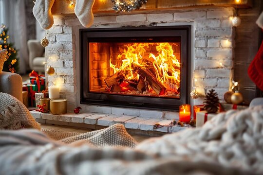 St. Stephen's Day. A cozy, rustic living room scene with a roaring fire in the fireplace, plush blankets, and Christmas decorations still up, capturing a relaxed and peaceful holiday atmosphere.