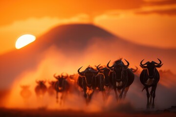 Wildebeests crossing the plains at sunset near a majestic mountain landscape