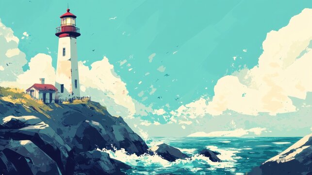Serene Lighthouse by the Ocean Under Blue Sky