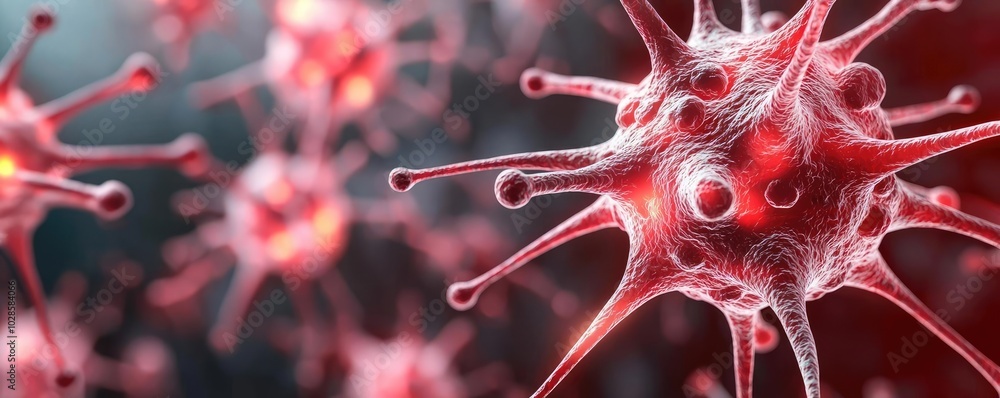 Poster close-up view of red virus particles under a microscope.