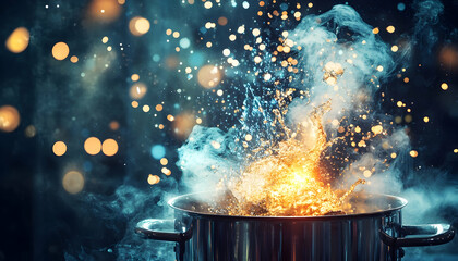 Shiny cooking icons emerging from a bubbling cooking pot, representing culinary creativity  