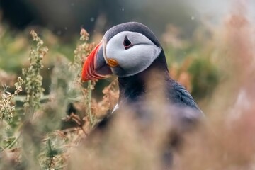 Close-up of an Atlantic Puffin in its natural habitat, surrounded by greenery.