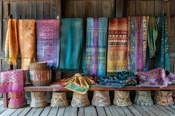 National Day (Laos). A colorful array of handwoven textiles and handicrafts, such as silk scarves, intricate baskets, and natural dye fabrics, displayed against a rustic wooden backdrop.
