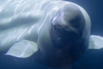 Fototapeta premium Close-up view of a beluga whale swimming underwater, with its smooth white skin