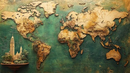 A 3D World Map Made of Wood with Cityscape Miniature