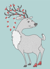 Graphic drawing of a cartoon deer, with a New Year's red garland on the horns, in red boots, in gray and emerald colors