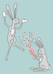 Graphic drawing of a cartoon jumping gray hare in white mittens and a hare with a red New Year's cracker, in gray and emerald colors