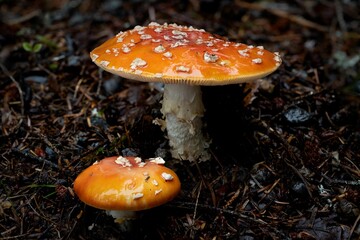 Vibrant orange mushrooms with white spots on forest floor