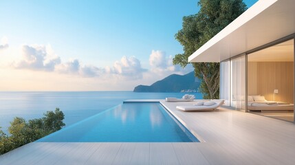 Fototapeta premium Tranquil Modern Villa with Infinity Pool by the Sea