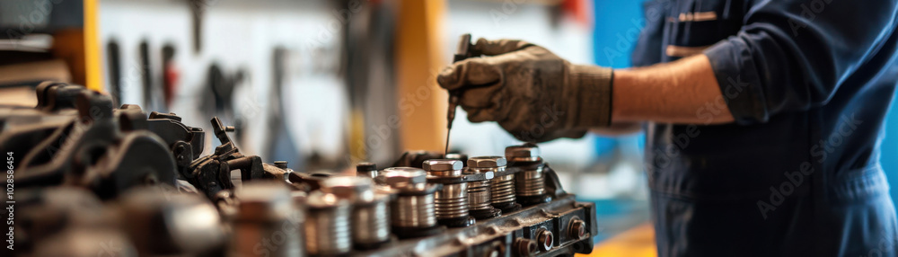 Poster mechanic performing maintenance on engine component, showcasing precision and expertise in workshop 